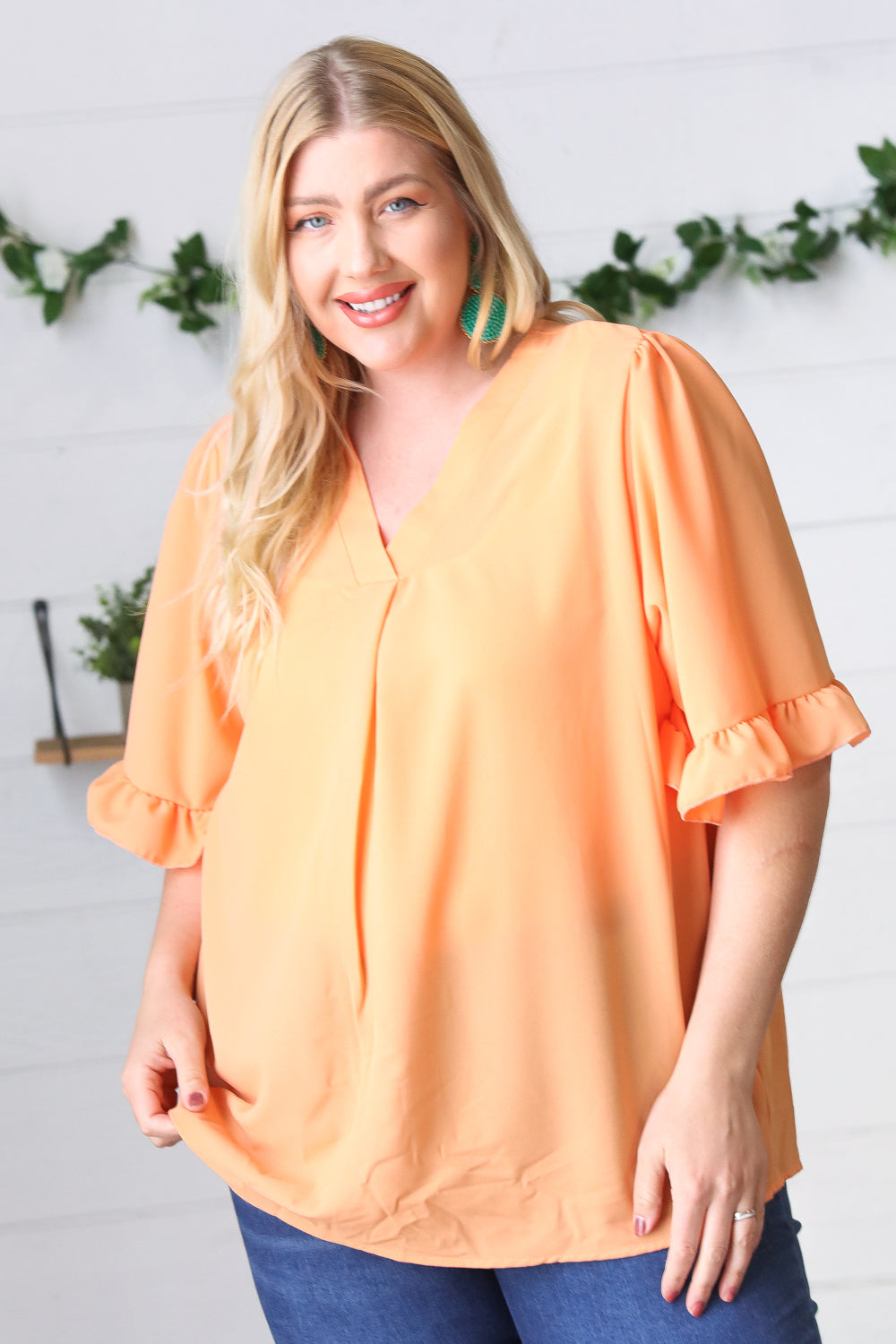 Peach Bell Sleeve V Neck Crepe Top