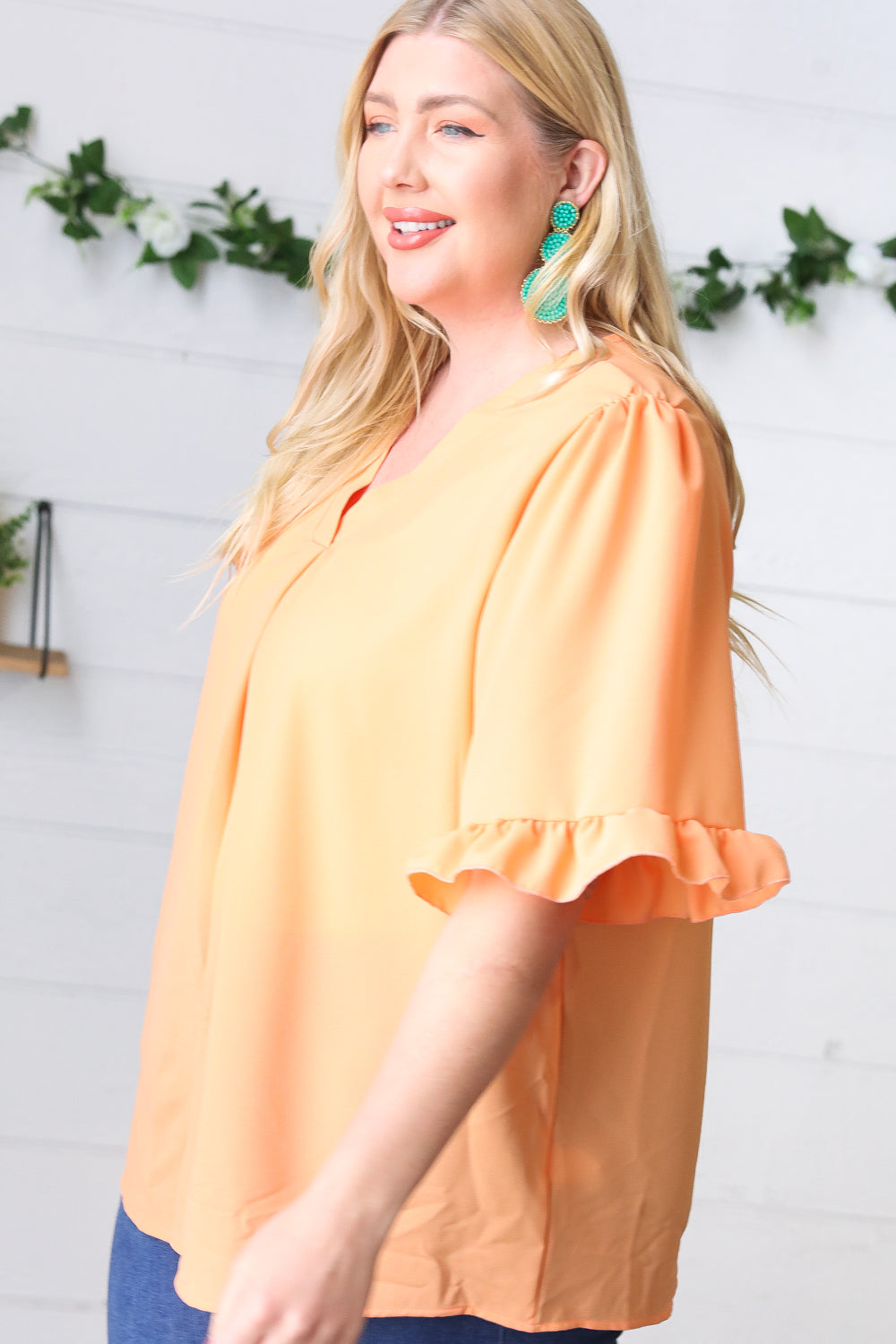 Peach Bell Sleeve V Neck Crepe Top