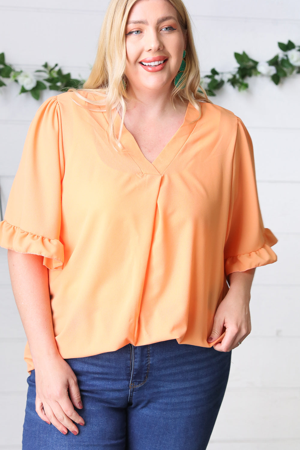 Peach Bell Sleeve V Neck Crepe Top