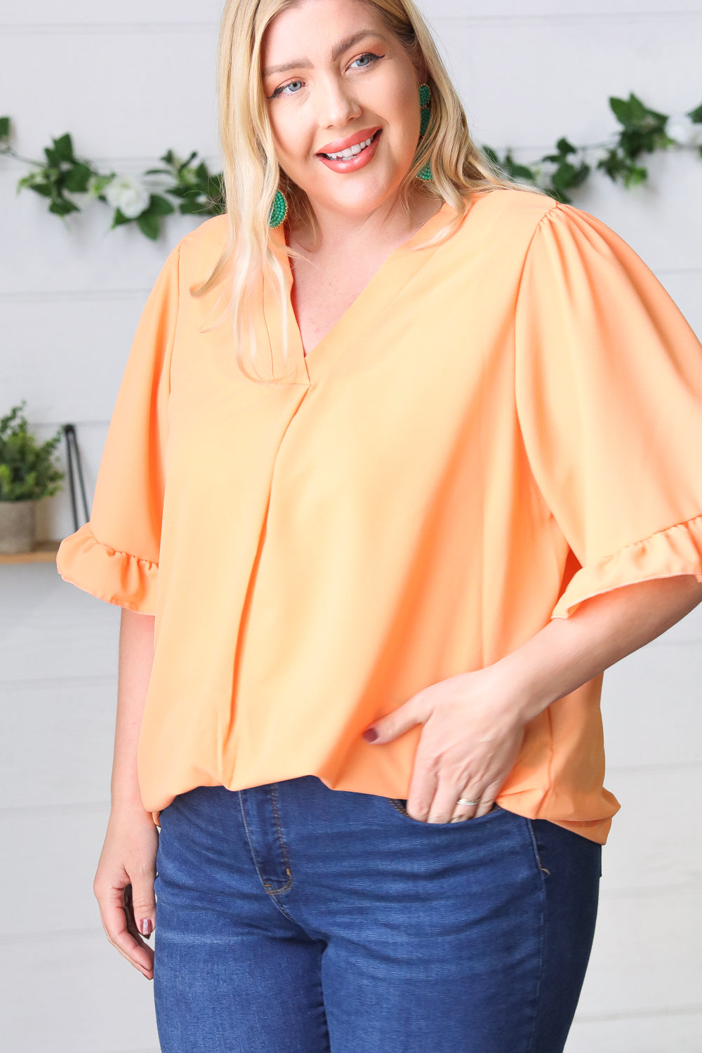 Peach Bell Sleeve V Neck Crepe Top
