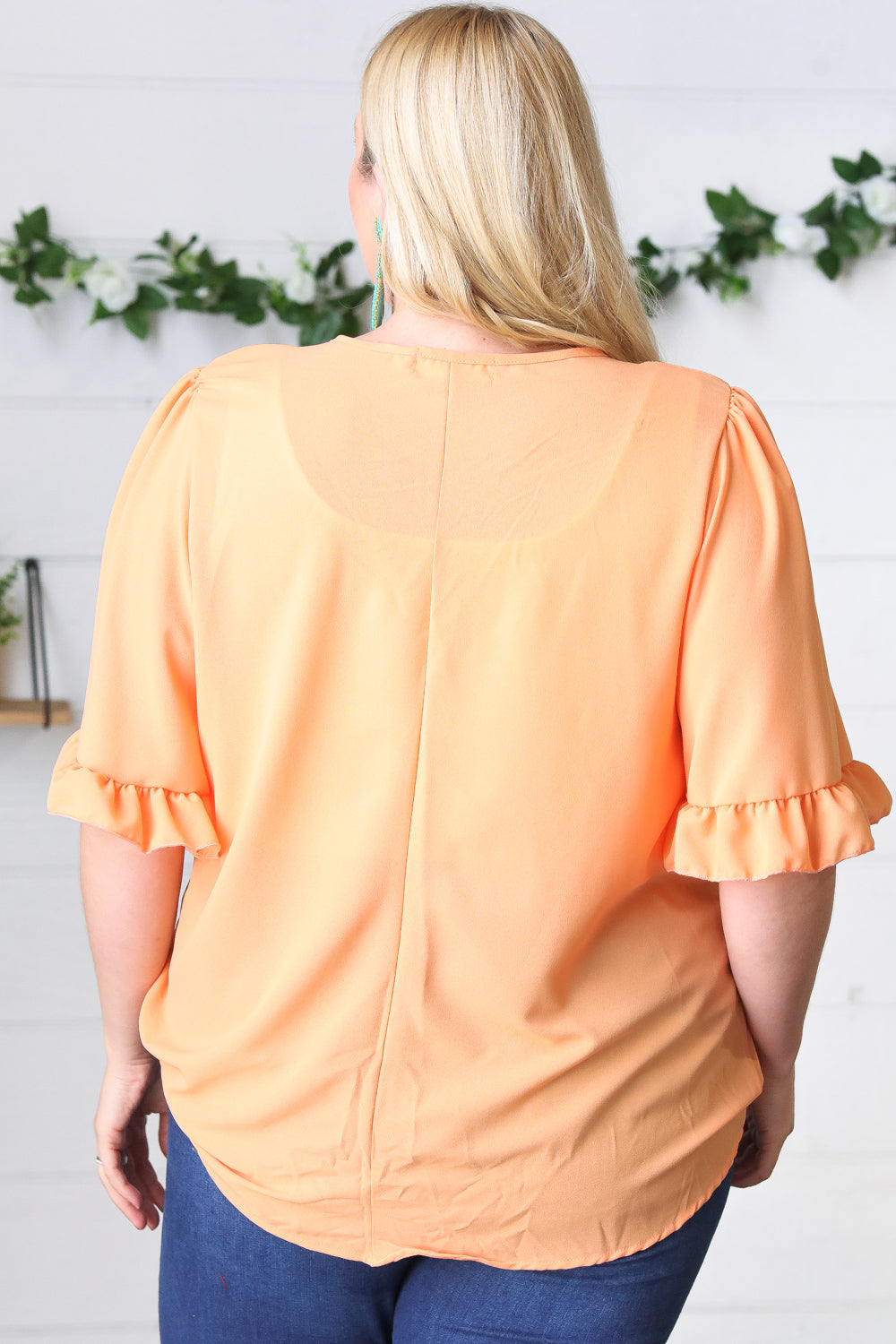 Peach Bell Sleeve V Neck Crepe Top