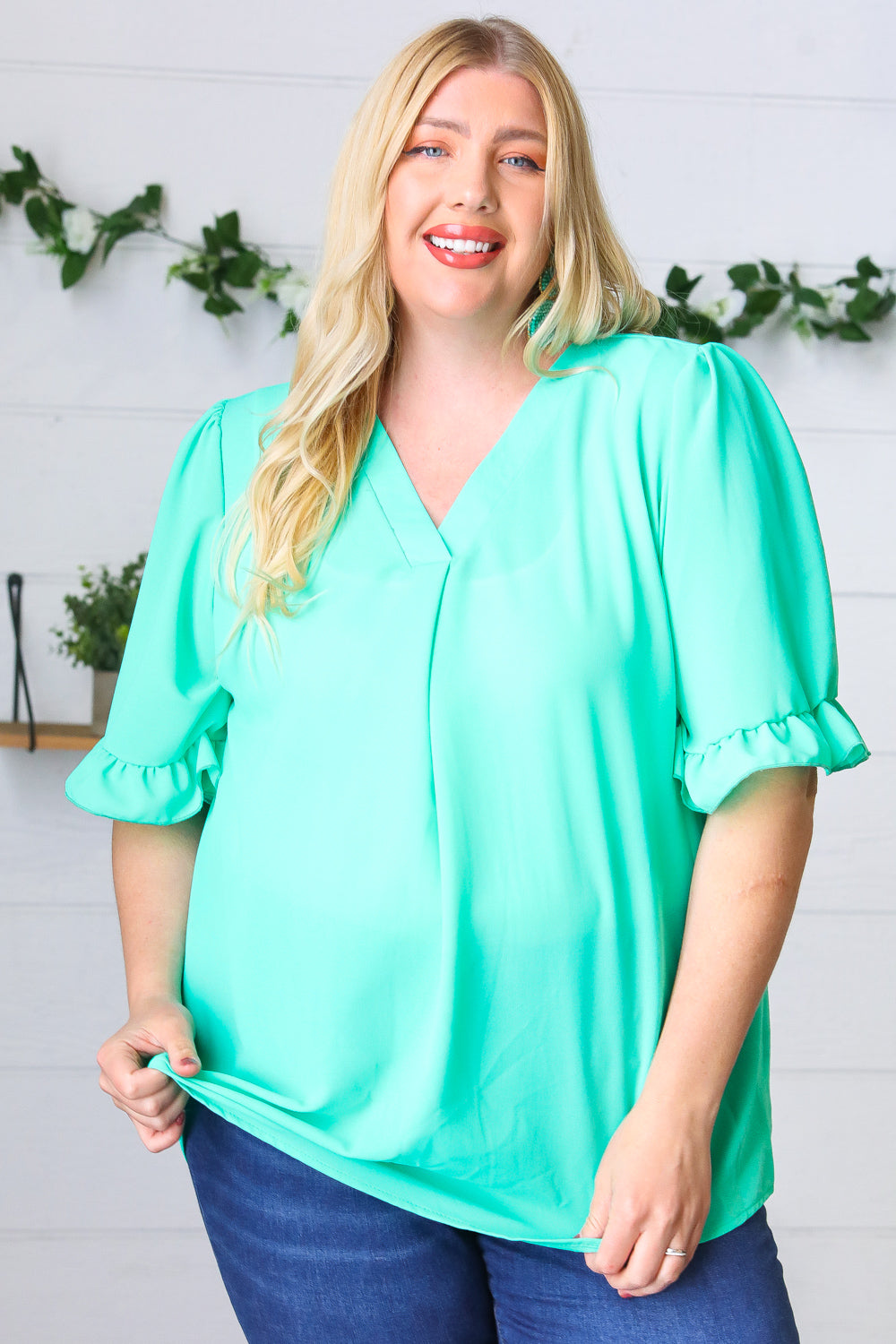 Turquoise Bell Sleeve V Neck Crepe Top