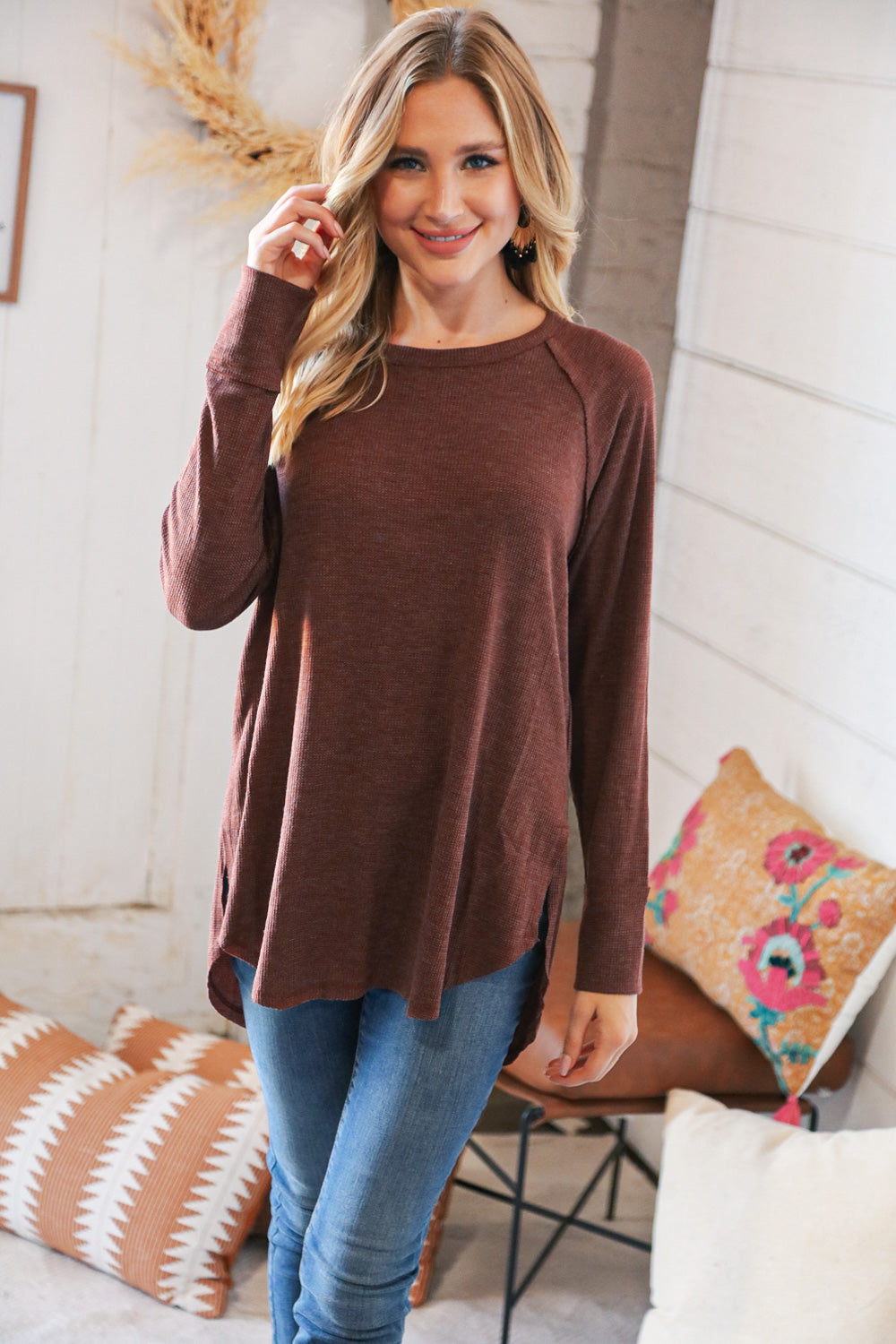 Rust Waffle Hi-Lo Raglan Top