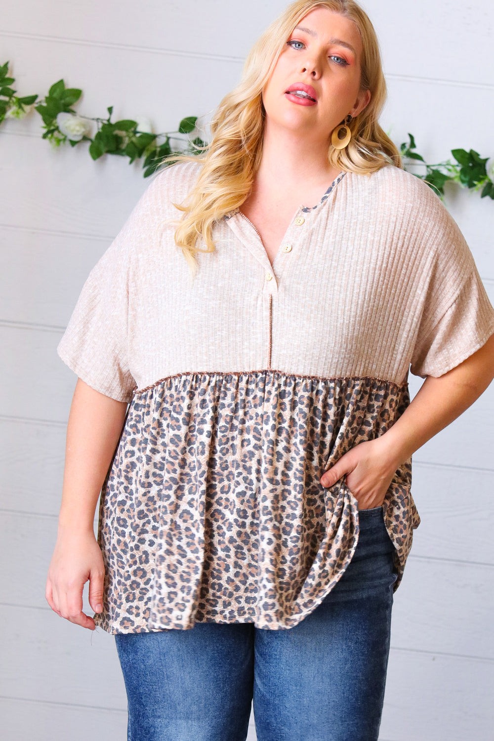 Taupe Animal Print Placard Babydoll Top