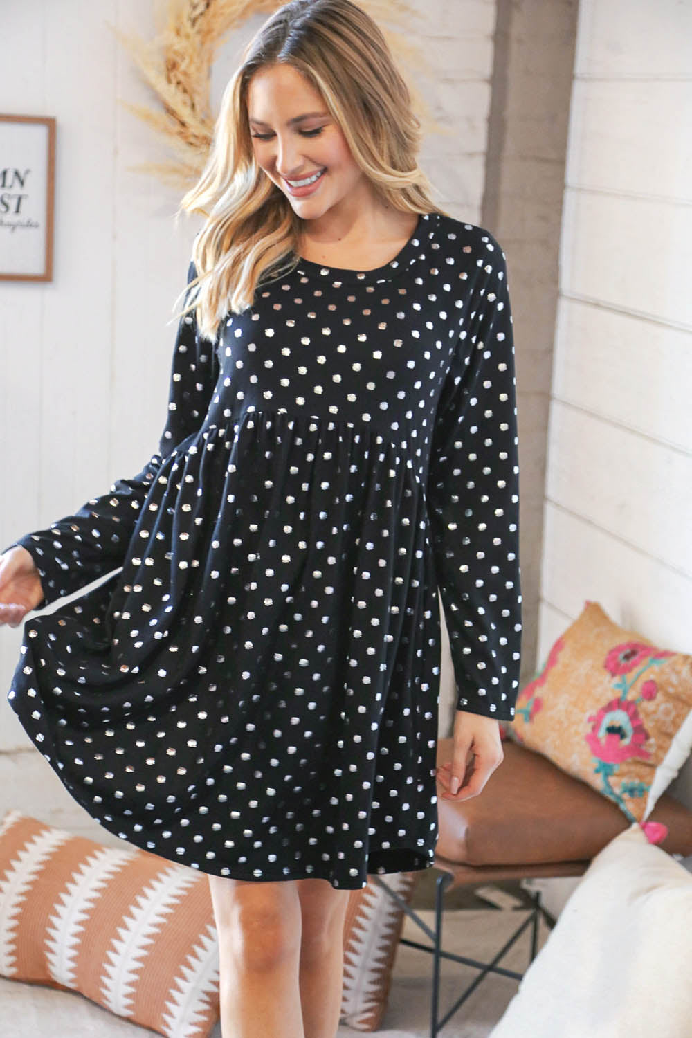 Black Hacci Dot Foil Babydoll Pocketed Dress