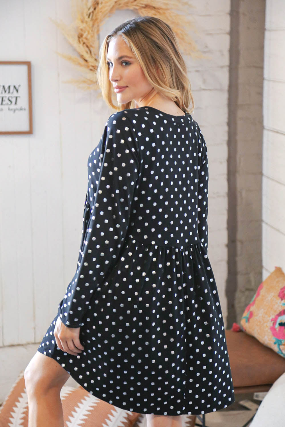 Black Hacci Dot Foil Babydoll Pocketed Dress