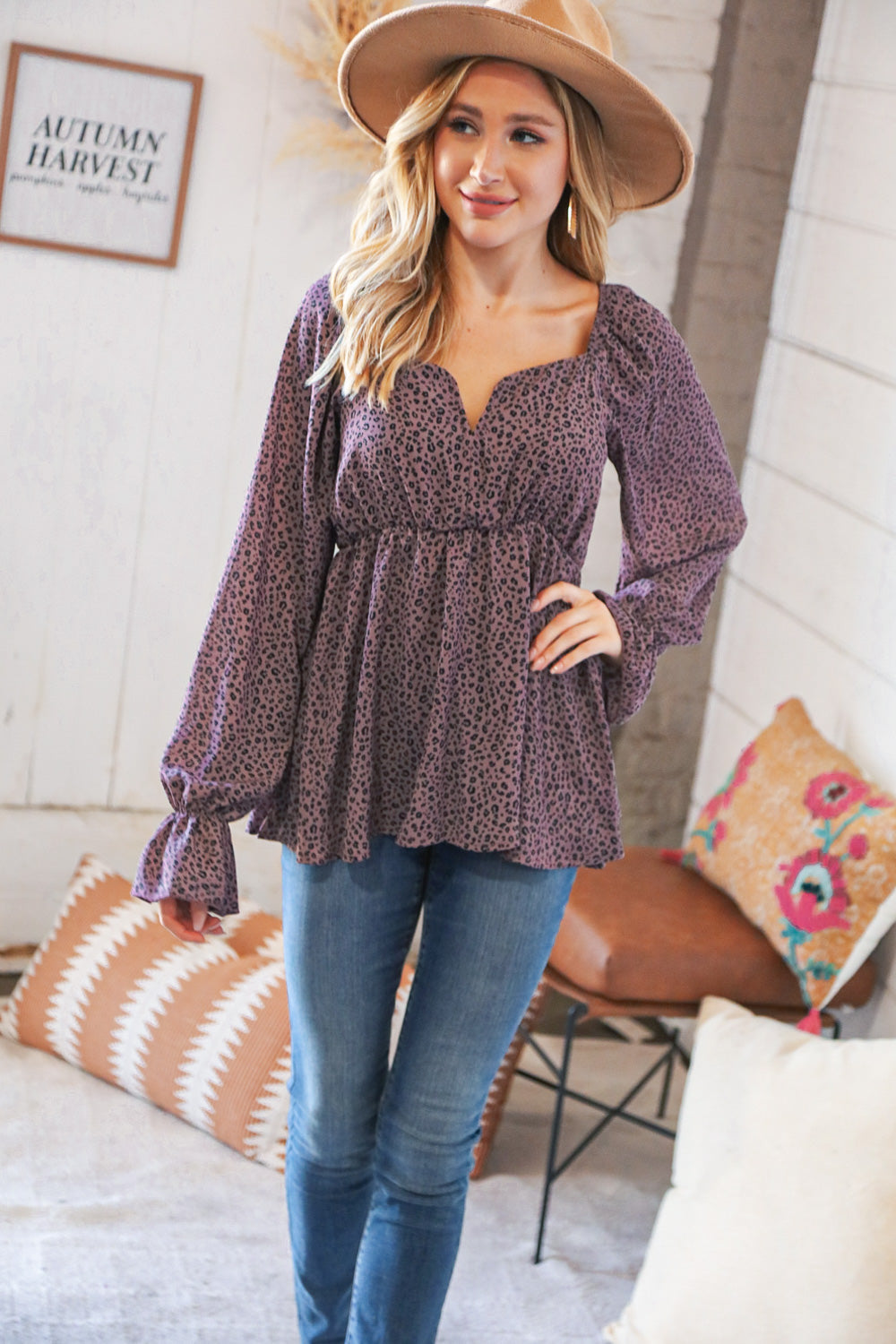 Eggplant Leopard Print V Wire Woven Square Neck Top