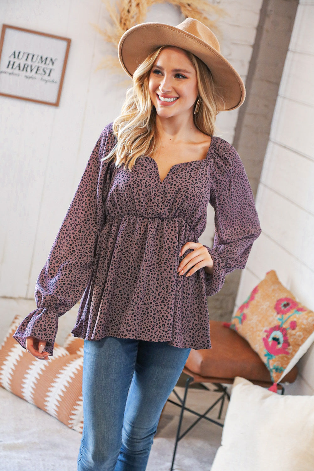 Eggplant Leopard Print V Wire Woven Square Neck Top