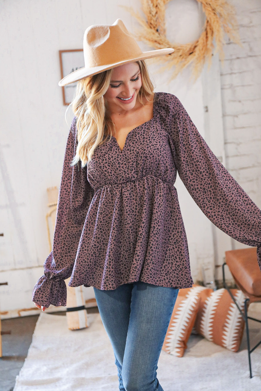 Eggplant Leopard Print V Wire Woven Square Neck Top