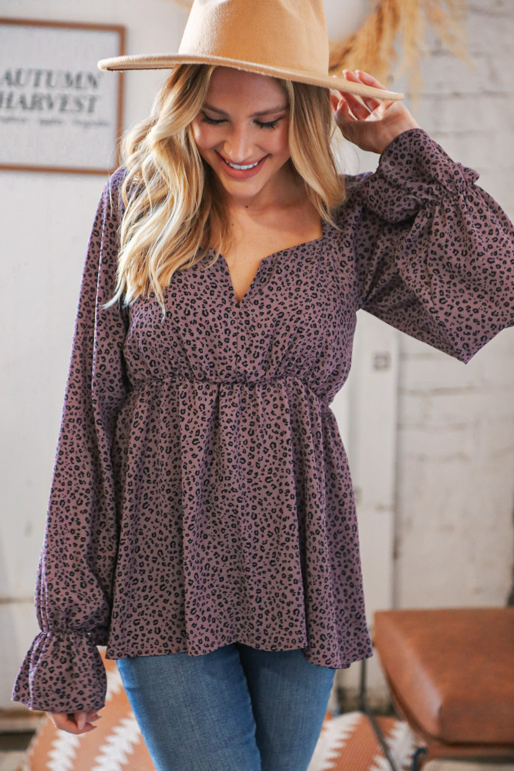 Eggplant Leopard Print V Wire Woven Square Neck Top