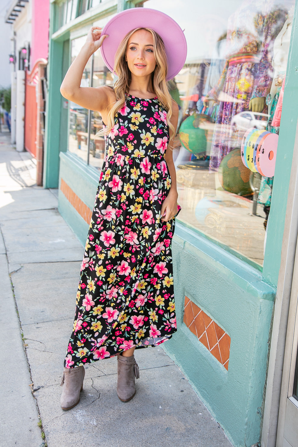Black & Fuchsia Floral Fit/Flare Sleeveless Maxi Dress
