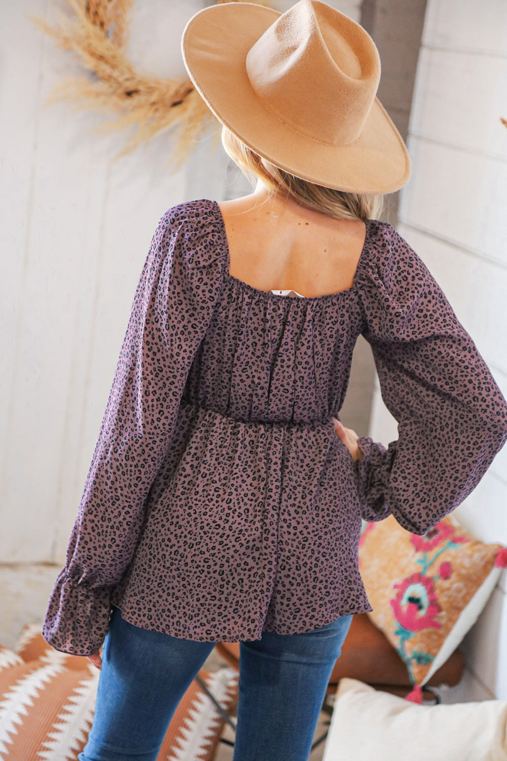 Eggplant Leopard Print V Wire Woven Square Neck Top
