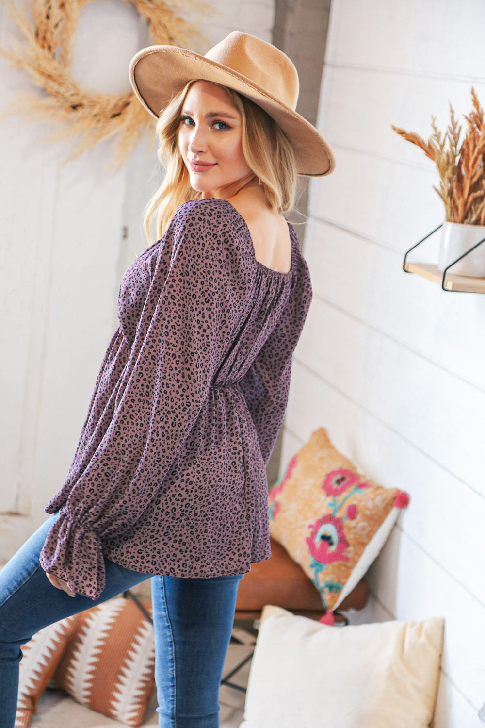 Eggplant Leopard Print V Wire Woven Square Neck Top
