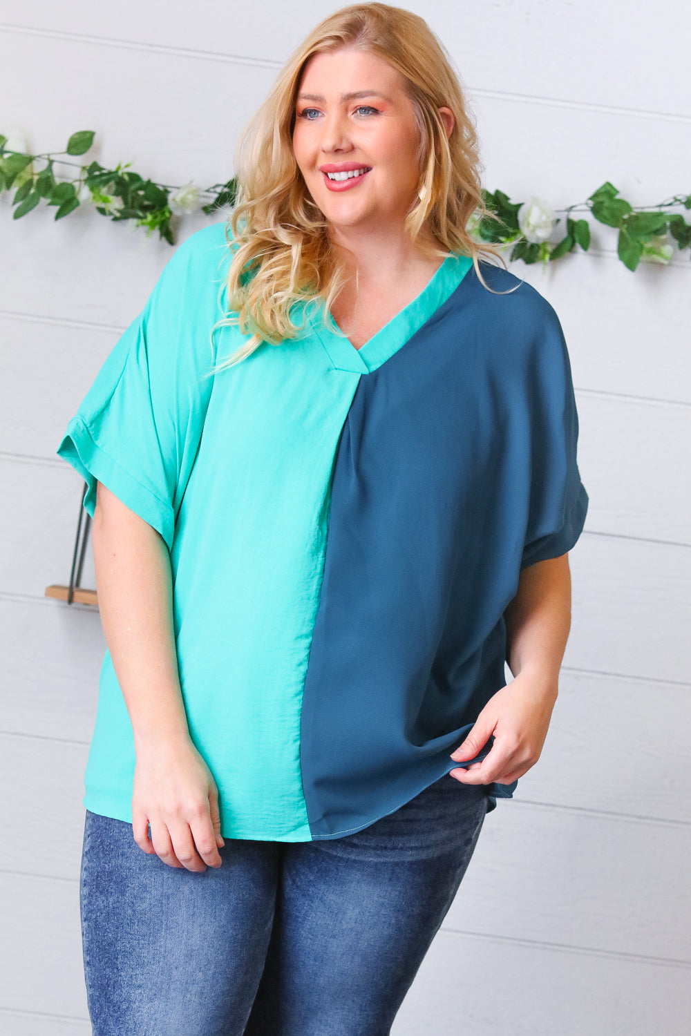 Turquoise & Sapphire Color Block V Neck Crepe Top