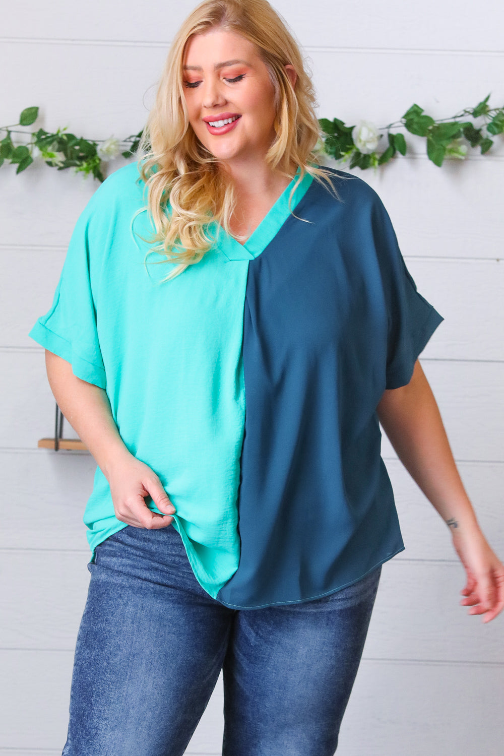 Turquoise & Sapphire Color Block V Neck Crepe Top
