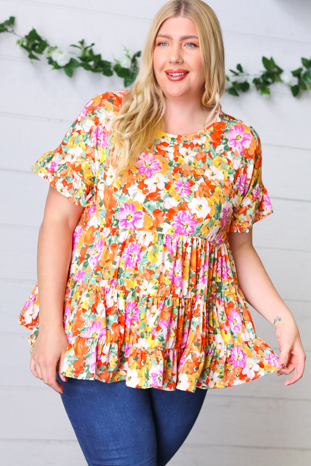 Peach/Green Floral Frill Ruffle Hem Tiered Swing Top