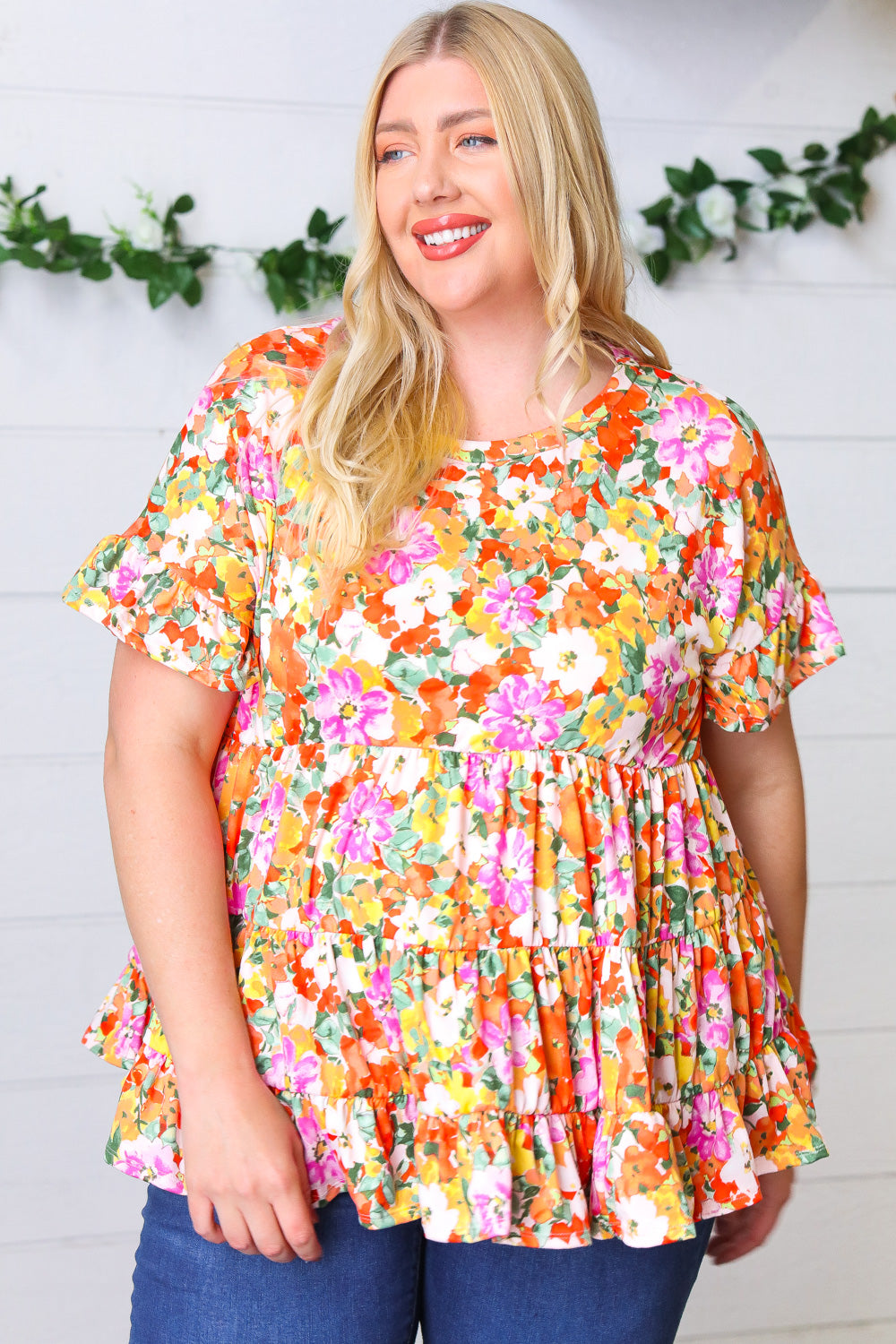 Peach/Green Floral Frill Ruffle Hem Tiered Swing Top
