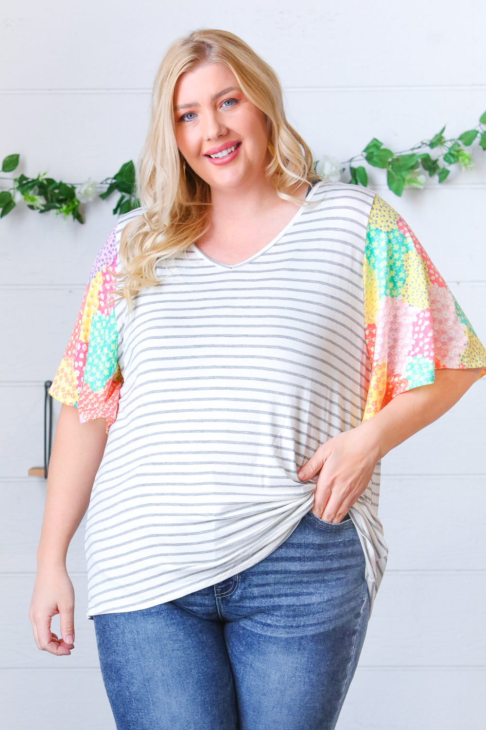 Multicolor Floral Patchwork Bell Sleeve Striped Top