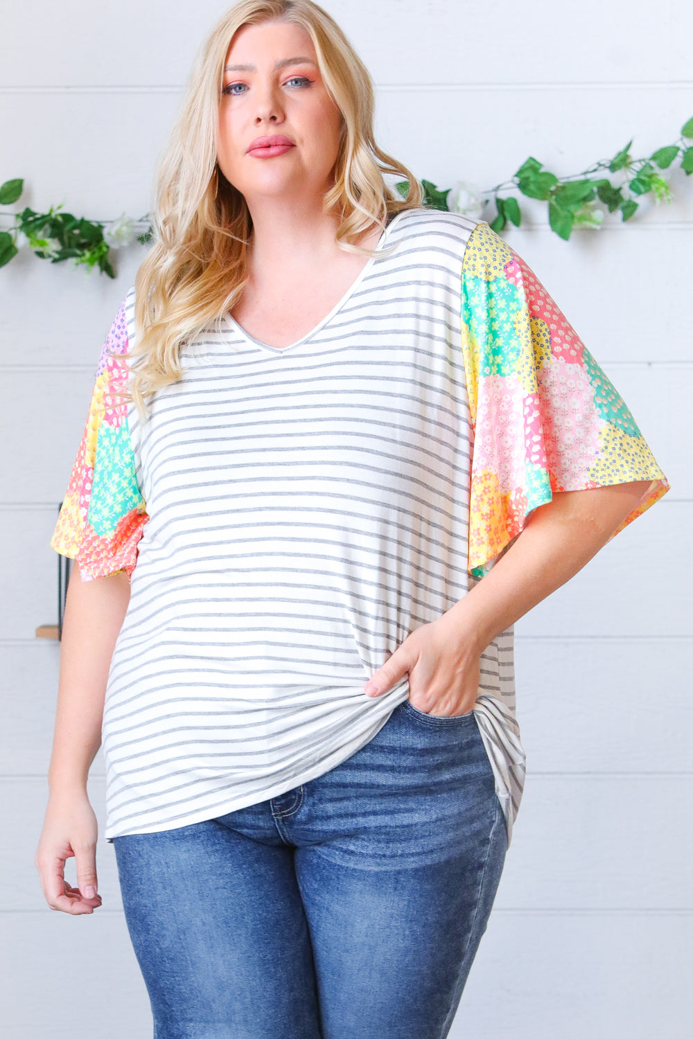 Multicolor Floral Patchwork Bell Sleeve Striped Top
