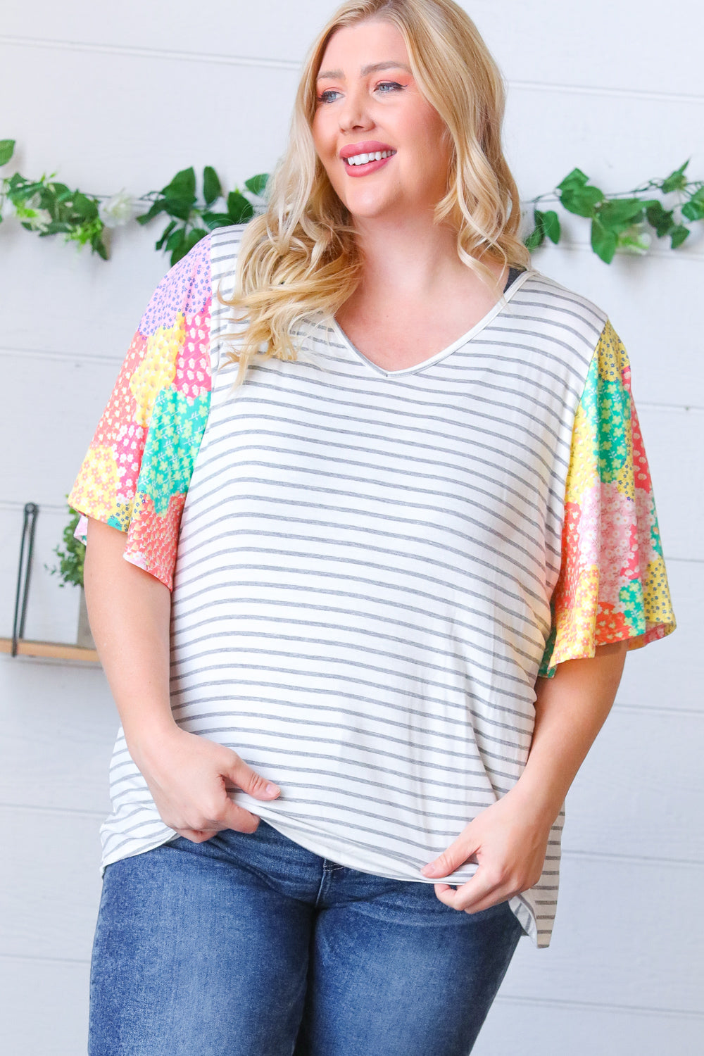 Multicolor Floral Patchwork Bell Sleeve Striped Top