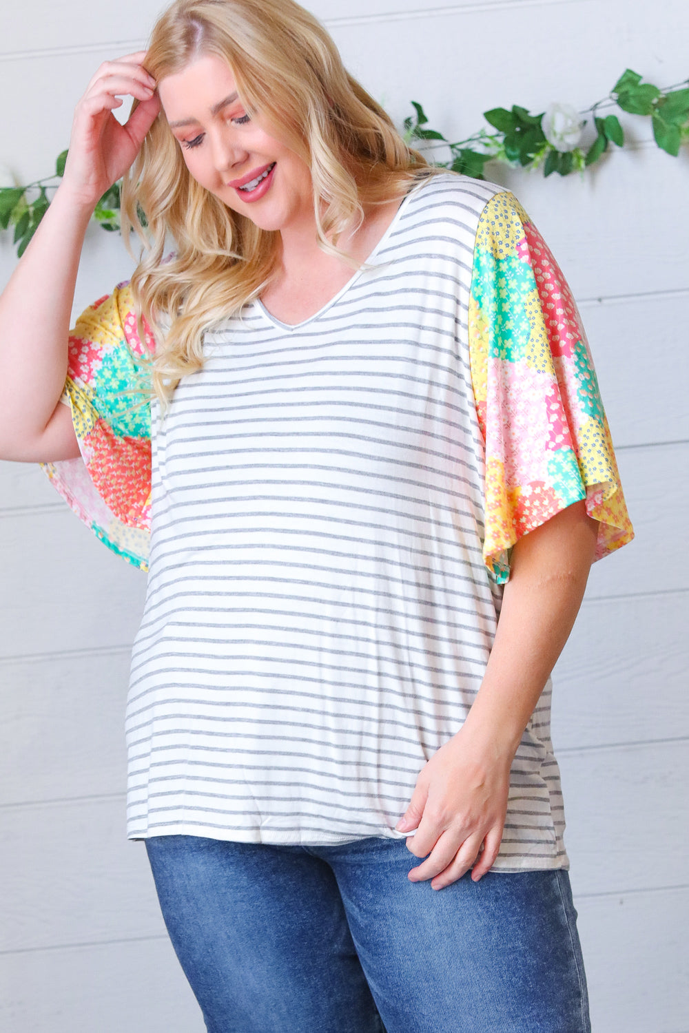 Multicolor Floral Patchwork Bell Sleeve Striped Top