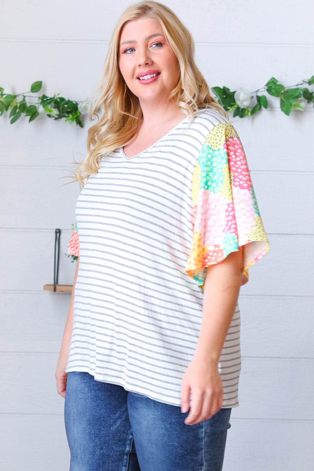 Multicolor Floral Patchwork Bell Sleeve Striped Top