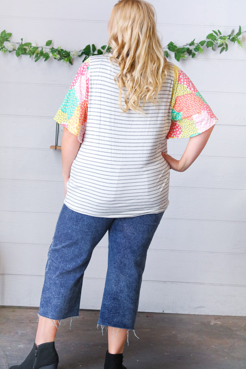 Multicolor Floral Patchwork Bell Sleeve Striped Top