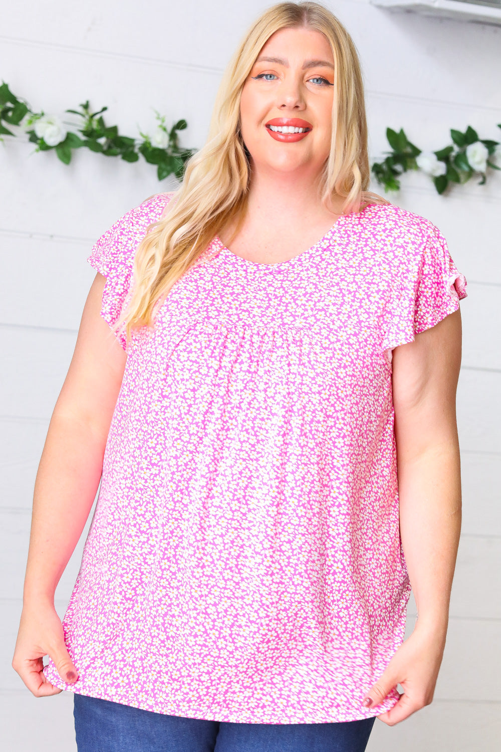 Magenta Floral Yoke Ruffle Short Sleeve Top
