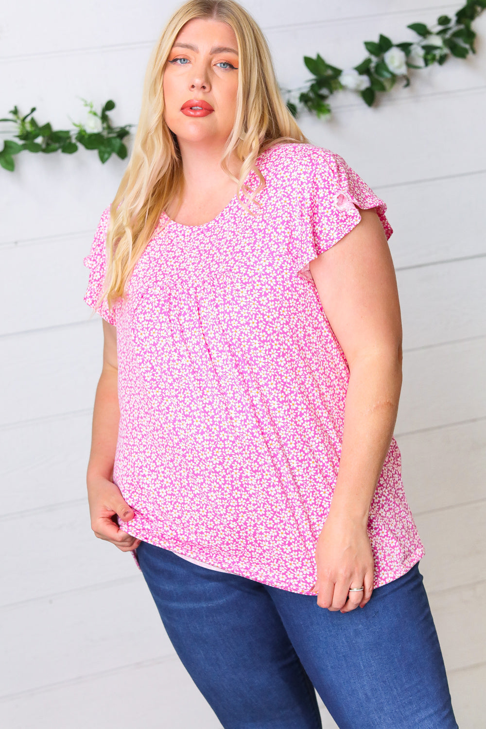 Magenta Floral Yoke Ruffle Short Sleeve Top