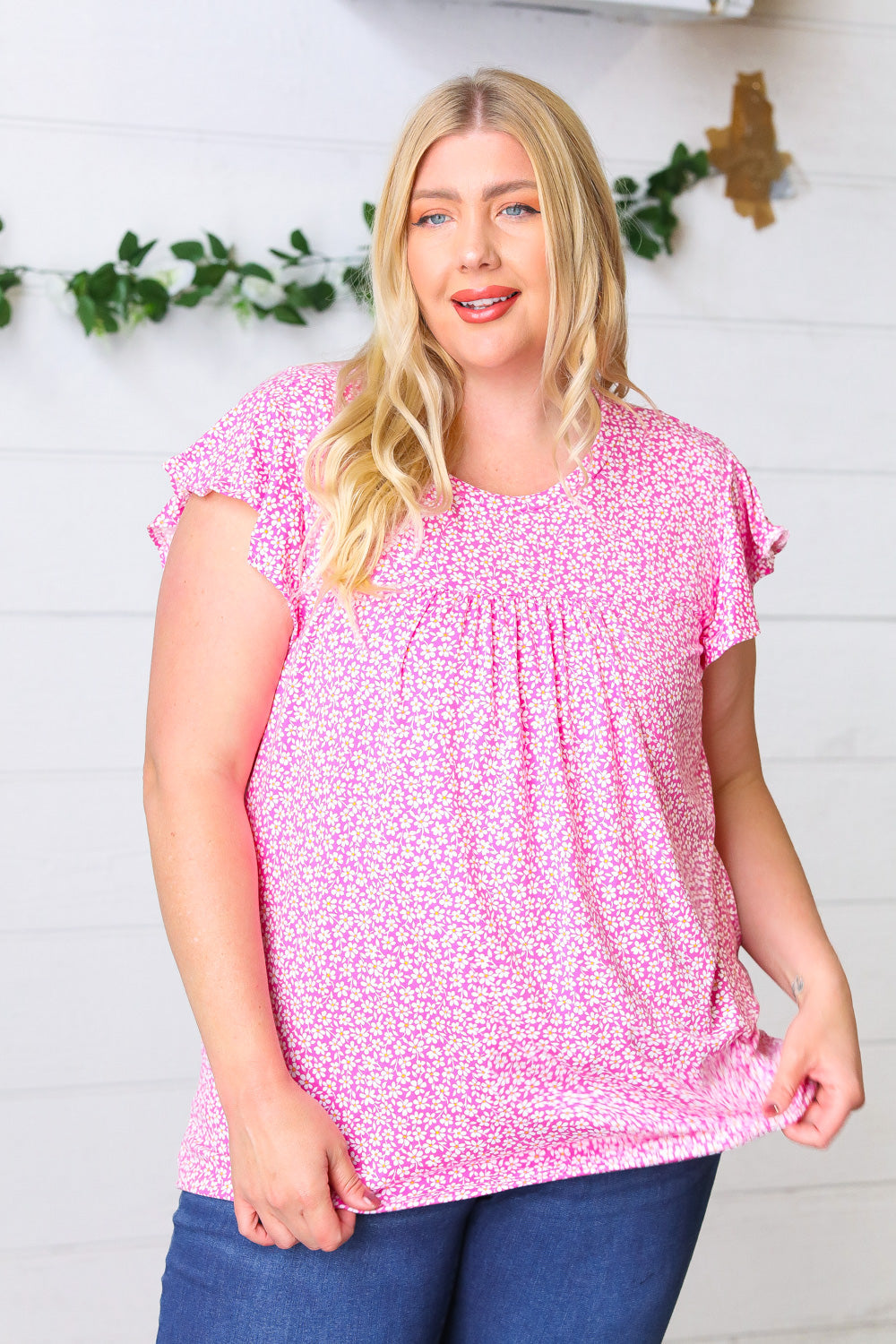 Magenta Floral Yoke Ruffle Short Sleeve Top