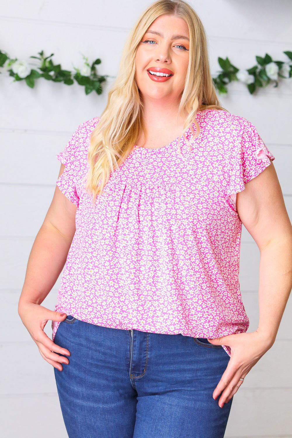 Magenta Floral Yoke Ruffle Short Sleeve Top