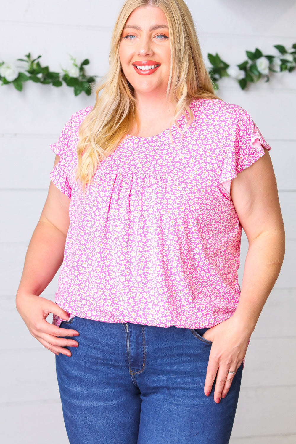 Magenta Floral Yoke Ruffle Short Sleeve Top