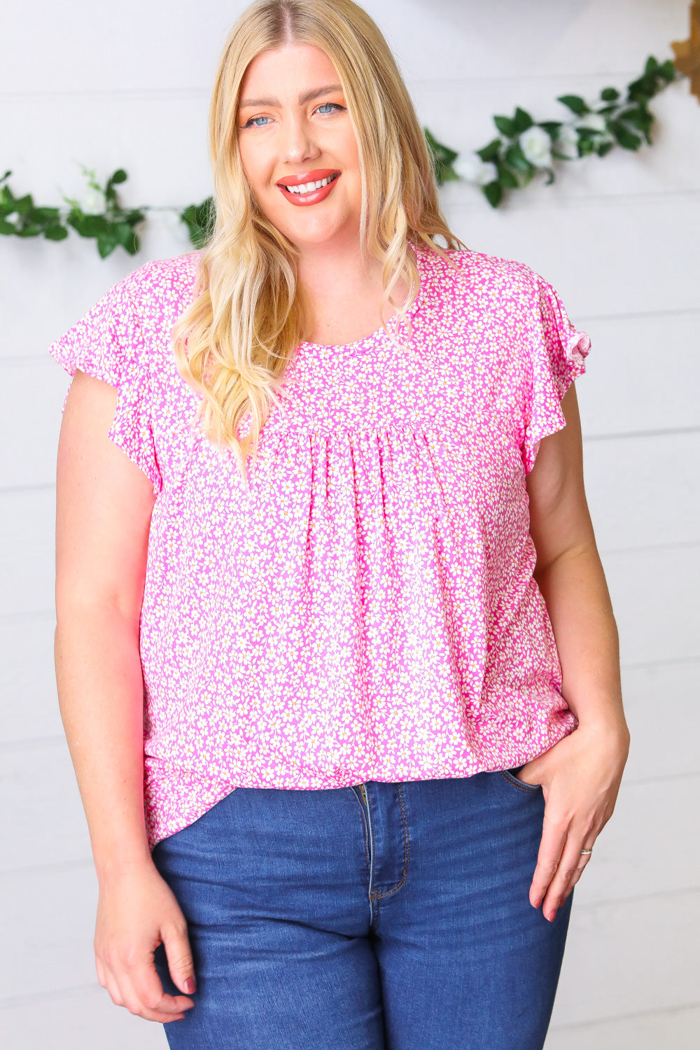 Magenta Floral Yoke Ruffle Short Sleeve Top