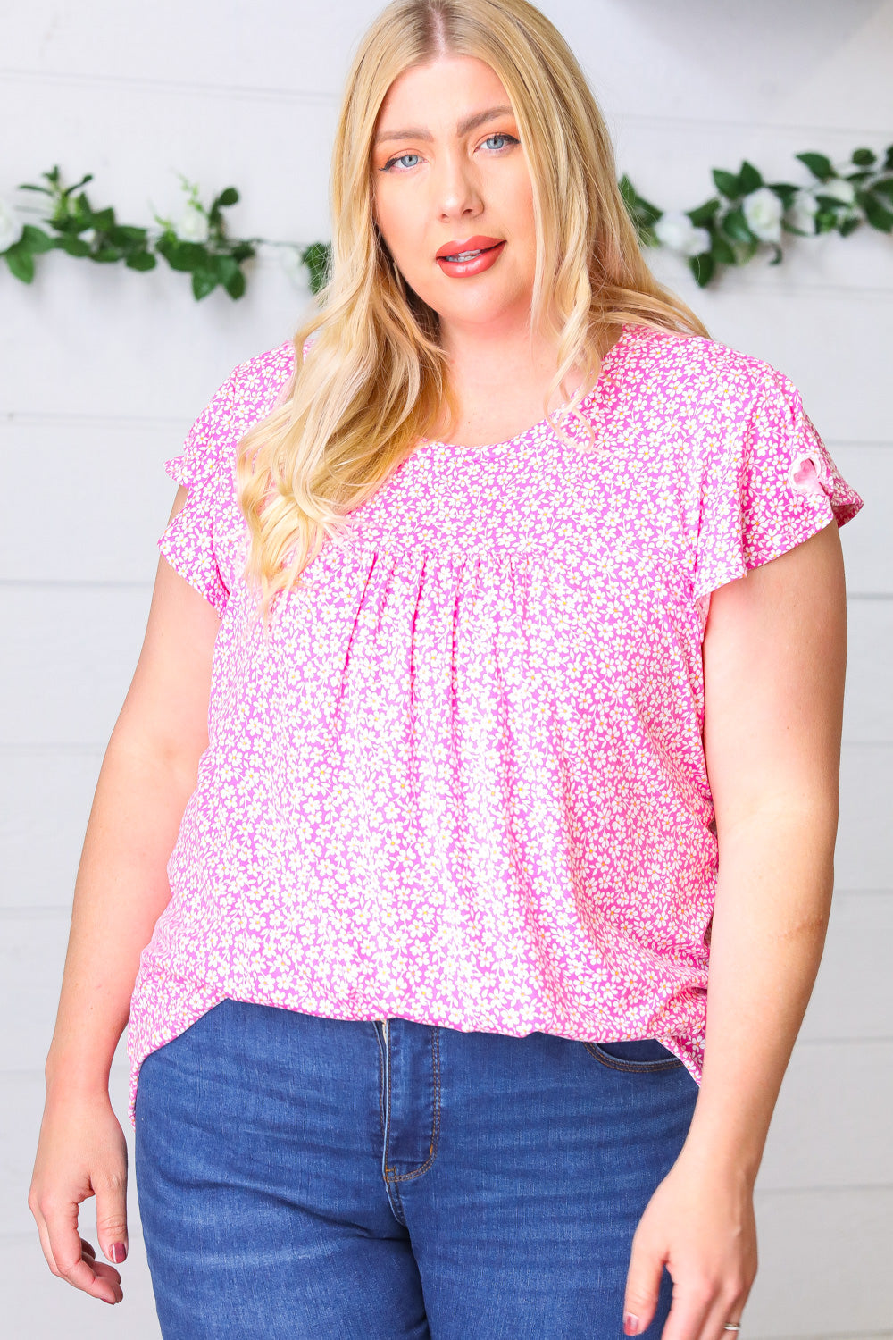 Magenta Floral Yoke Ruffle Short Sleeve Top