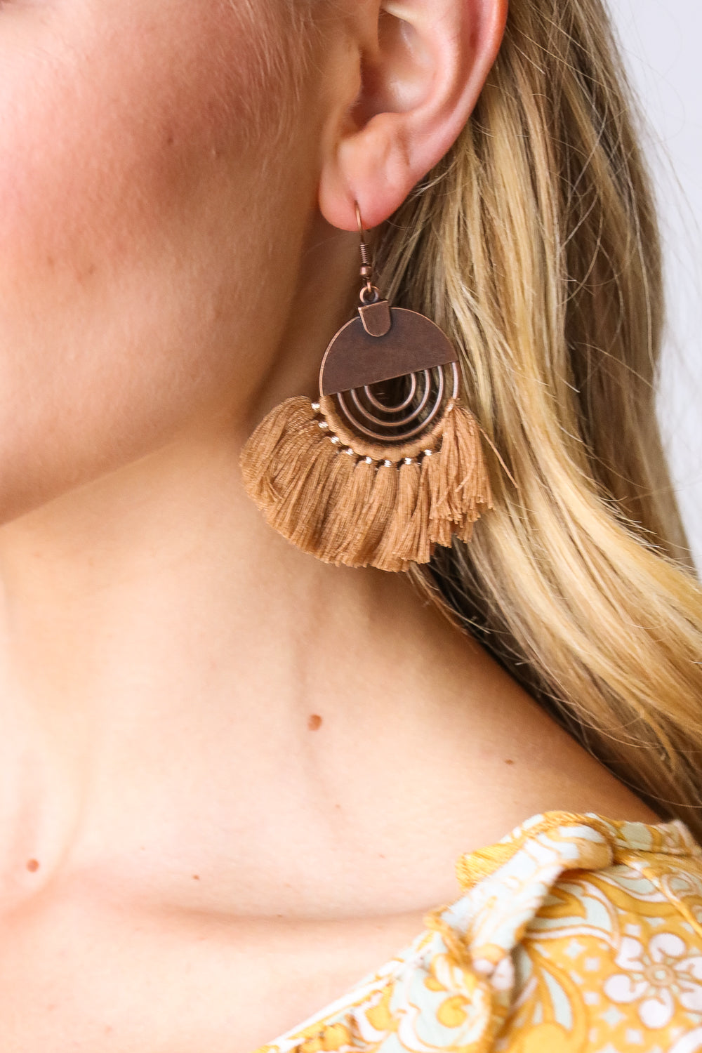 Coffee Boho Brass Tassel Drop Earrings