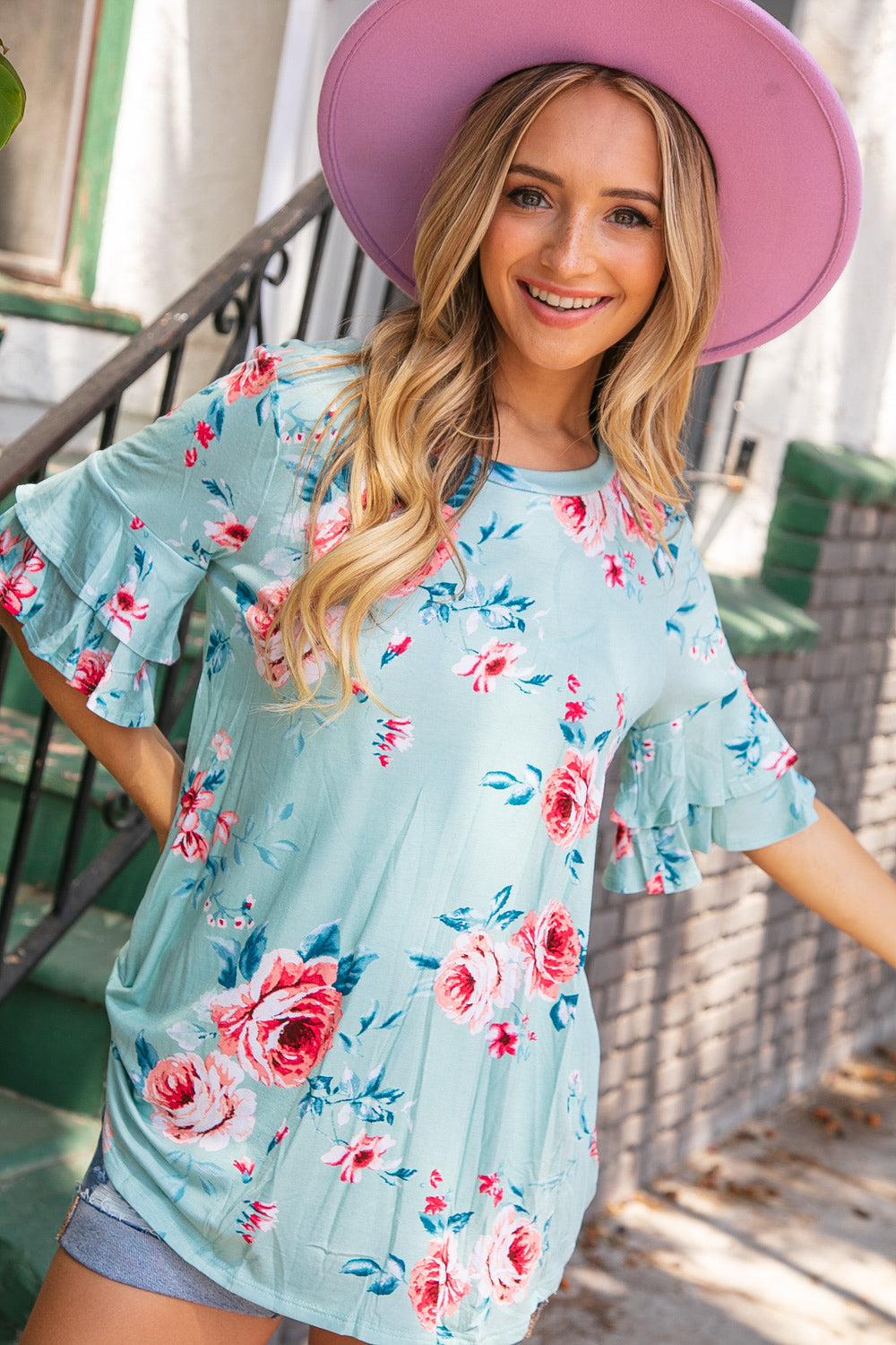 Mint Floral Double Ruffle Sleeve Tunic Top