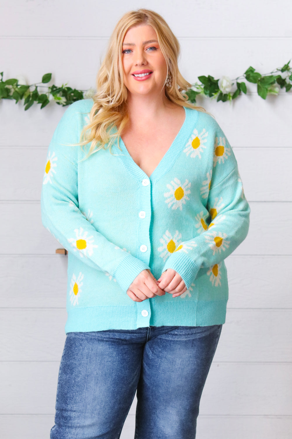 Mint Daisy Floral Button-Down Cardigan
