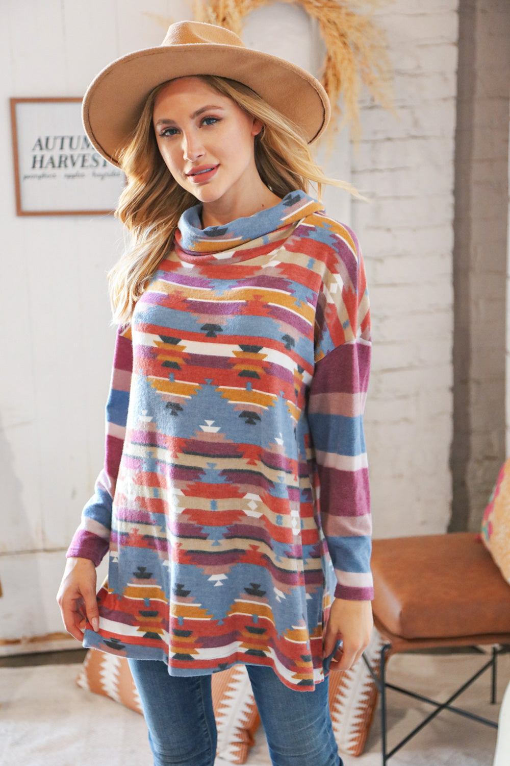 Blue/Multicolor Hacci Aztec Print Side Slit Pullover