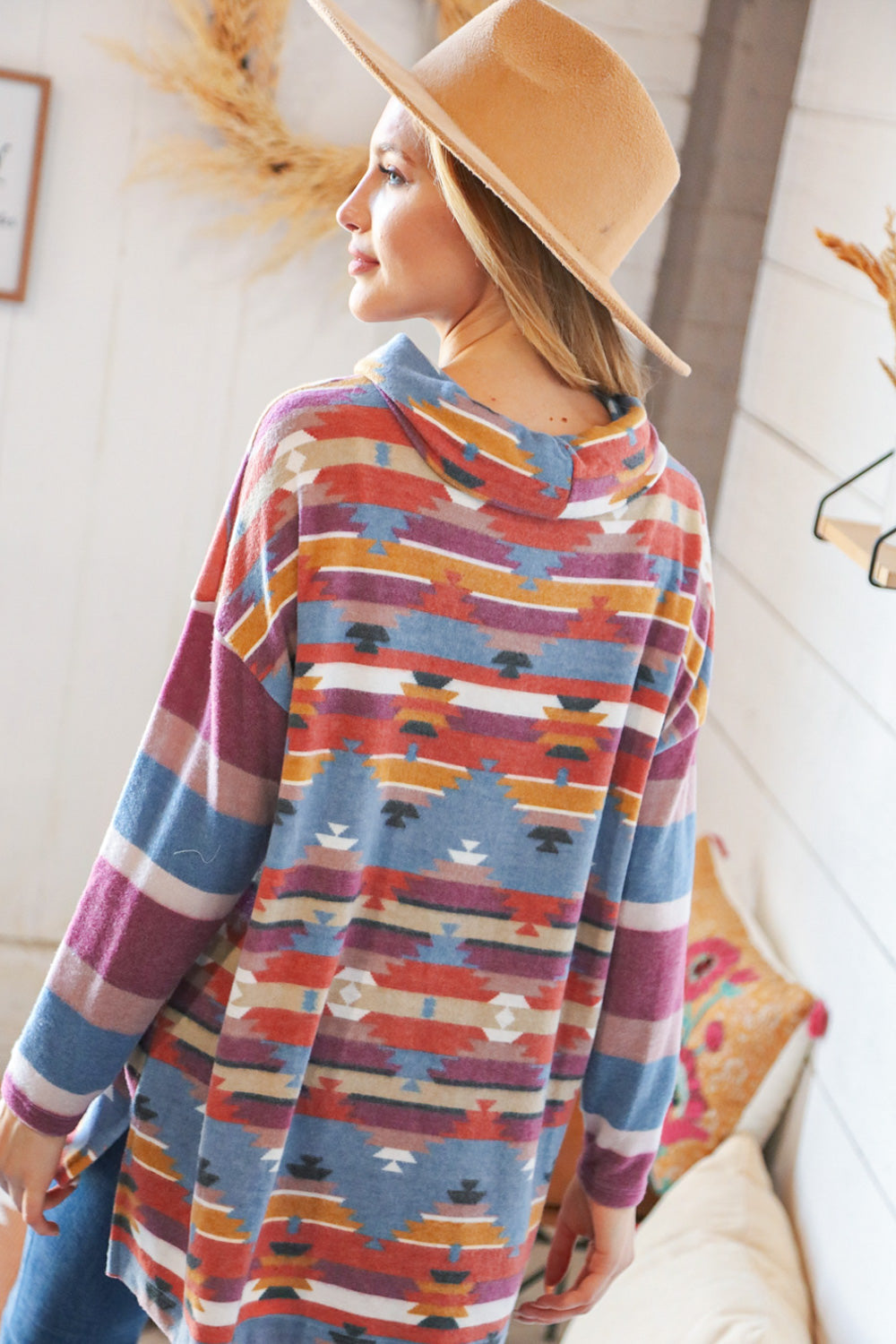 Blue/Multicolor Hacci Aztec Print Side Slit Pullover