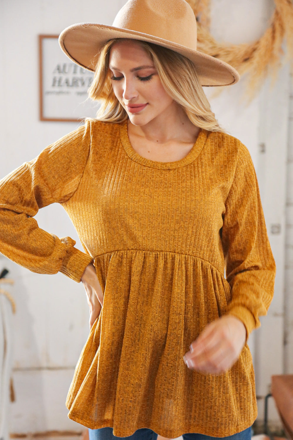 Mustard Rib Babydoll Bubble Sleeve Top
