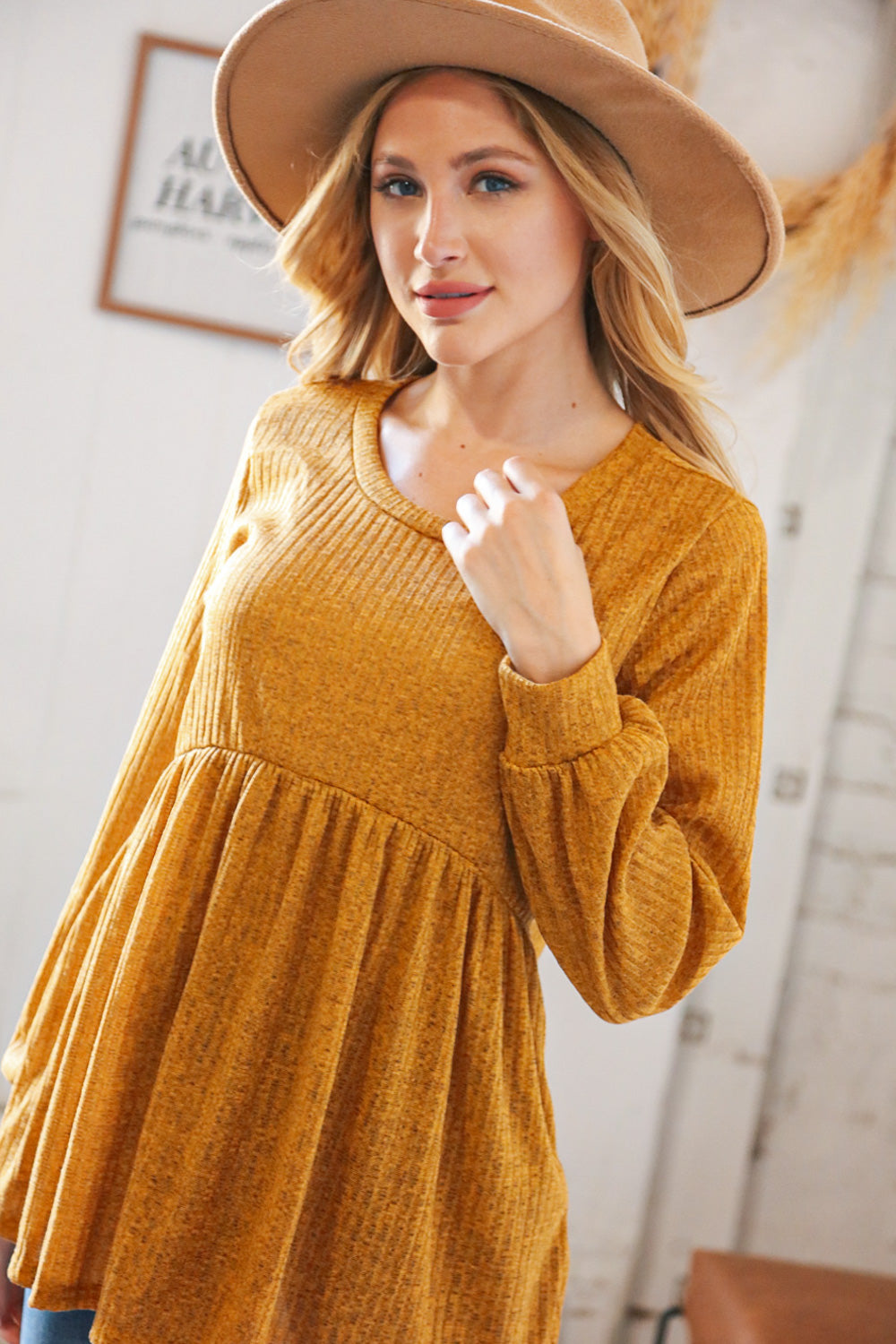 Mustard Rib Babydoll Bubble Sleeve Top