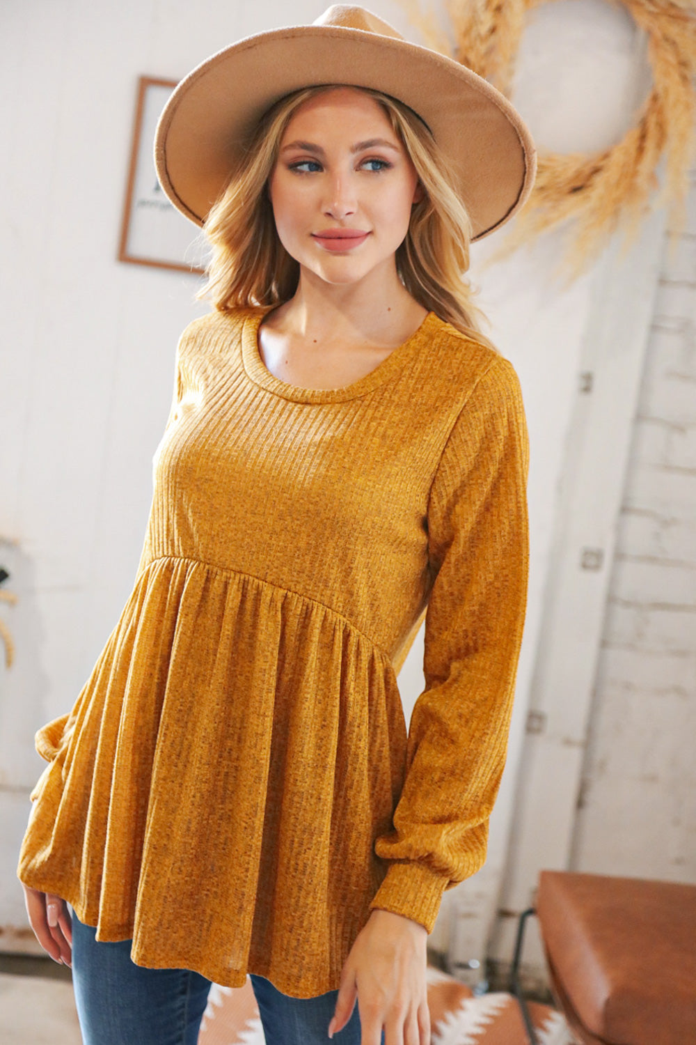 Mustard Rib Babydoll Bubble Sleeve Top