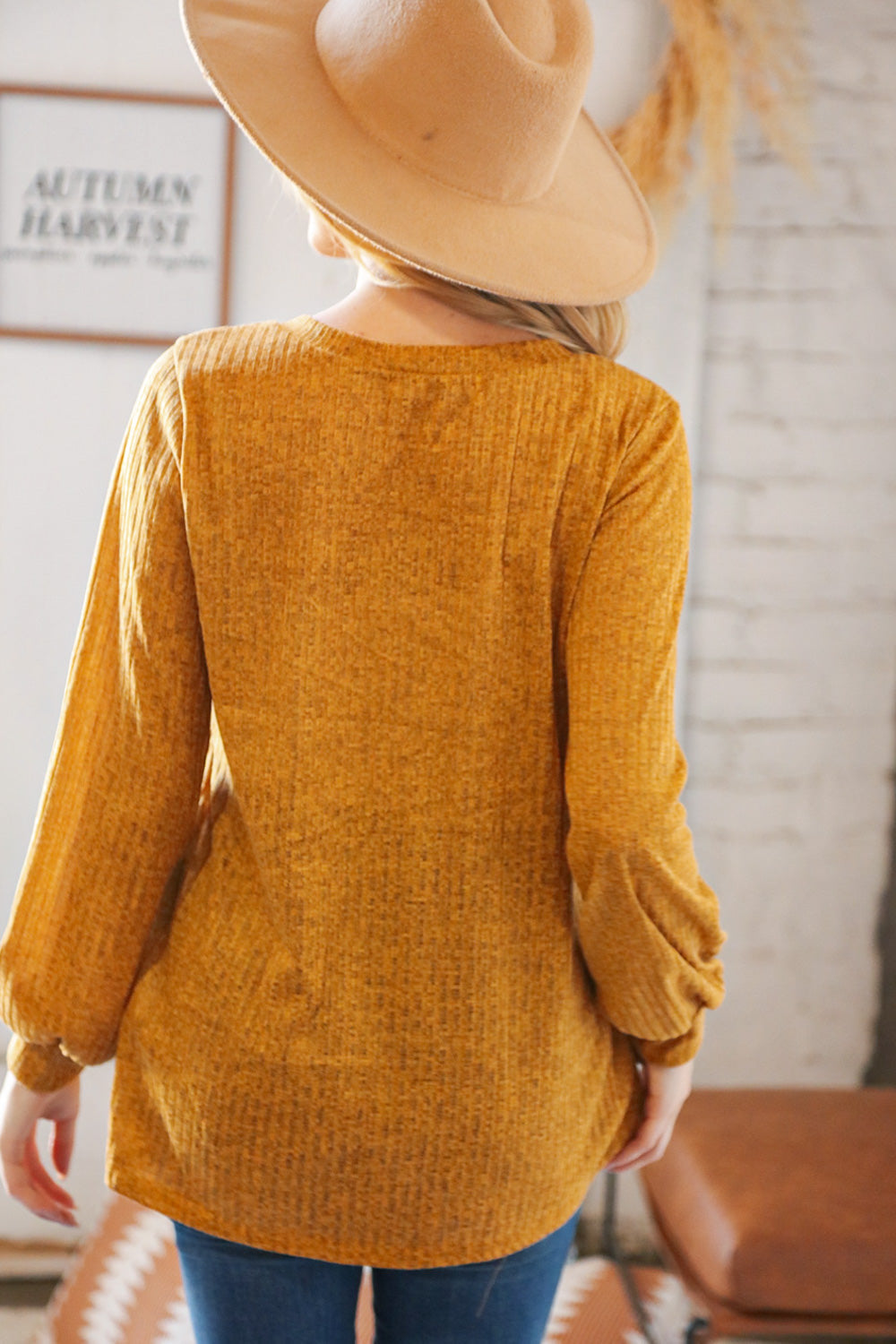 Mustard Rib Babydoll Bubble Sleeve Top