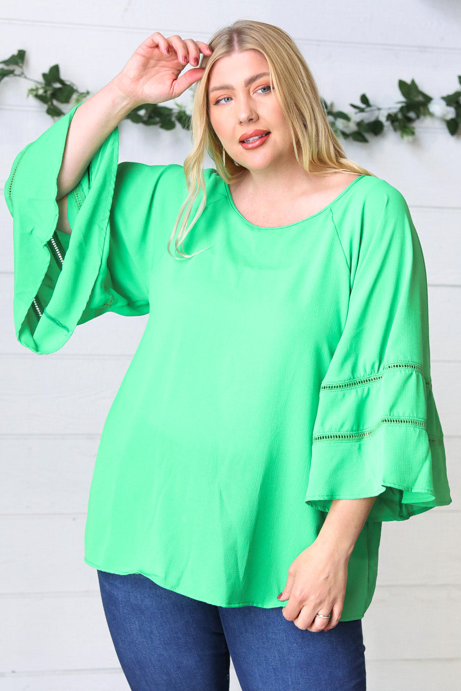 Green Apple Crepe Back Tie Strap Crochet Bell Sleeve Blouse