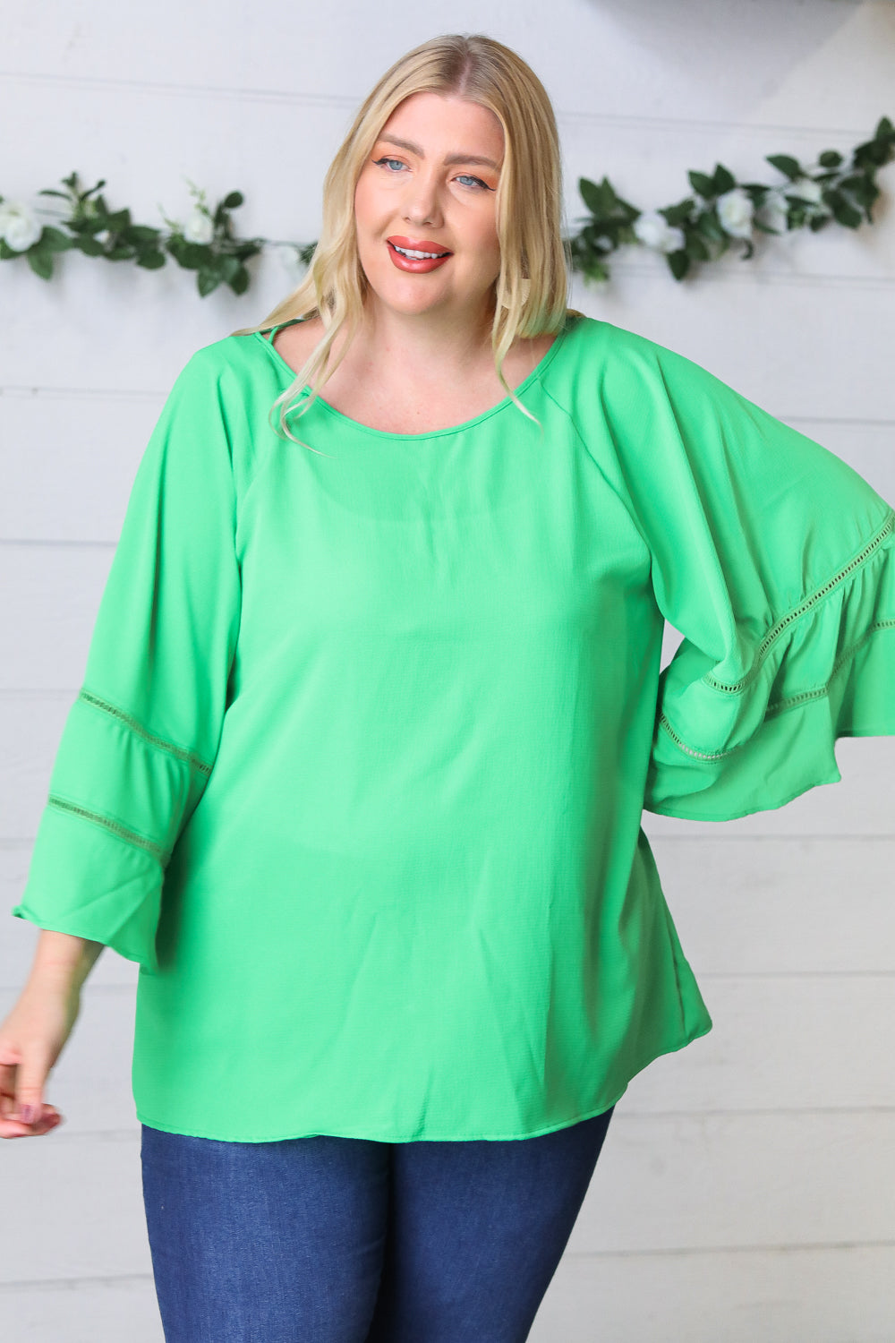 Green Apple Crepe Back Tie Strap Crochet Bell Sleeve Blouse