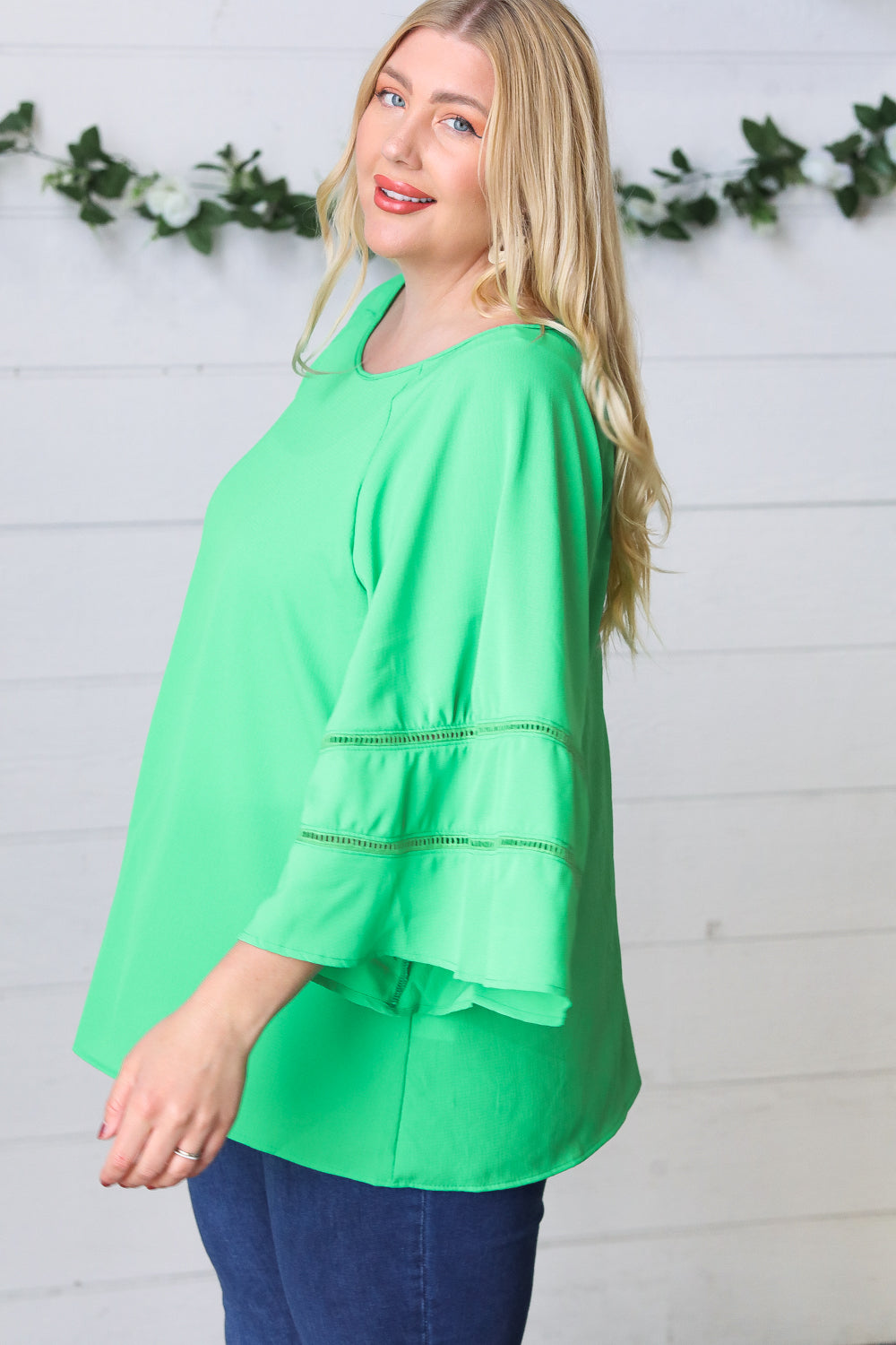 Green Apple Crepe Back Tie Strap Crochet Bell Sleeve Blouse