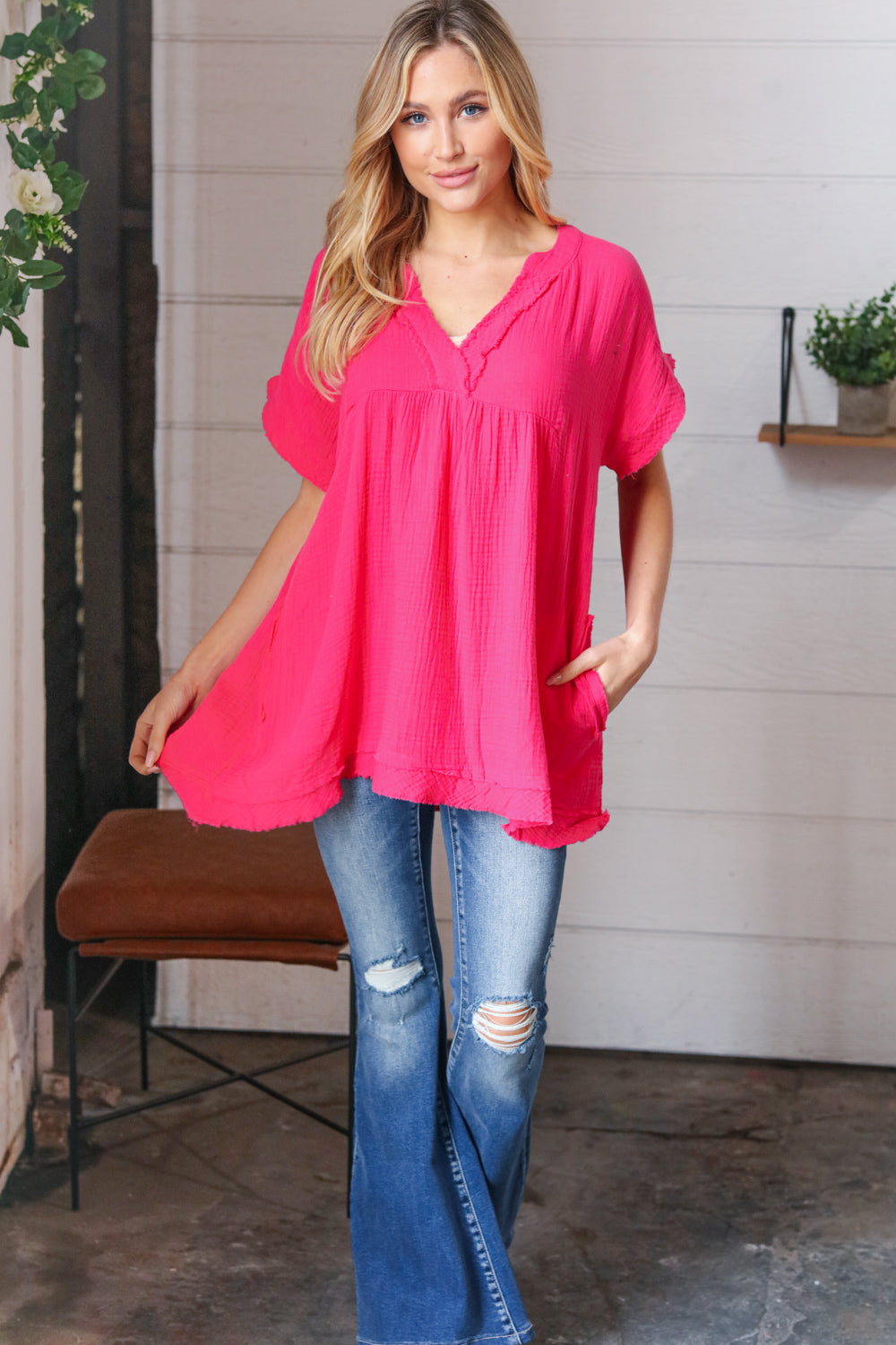 Fuchsia Cotton Banded V Neck Frayed Pocketed Top