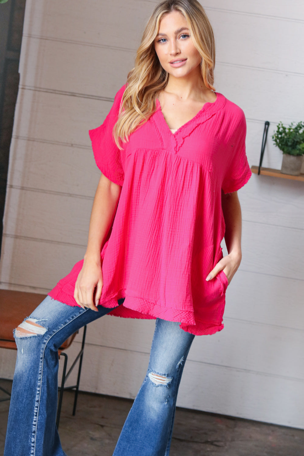 Fuchsia Cotton Banded V Neck Frayed Pocketed Top