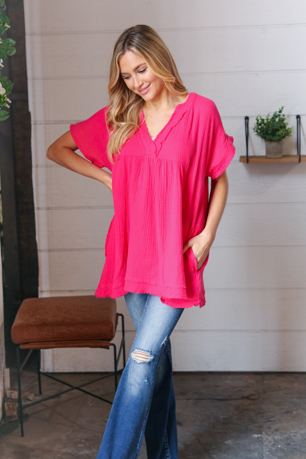 Fuchsia Cotton Banded V Neck Frayed Pocketed Top