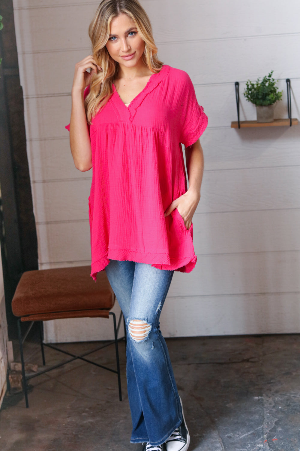 Fuchsia Cotton Banded V Neck Frayed Pocketed Top